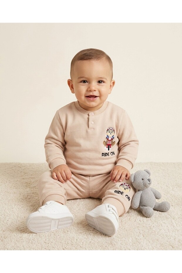 Baby Boy Winter 3 Thread Yarn Rastered Ride on Printed 6-9-12-18-24 Months 2-Piece Top and Bottom Set