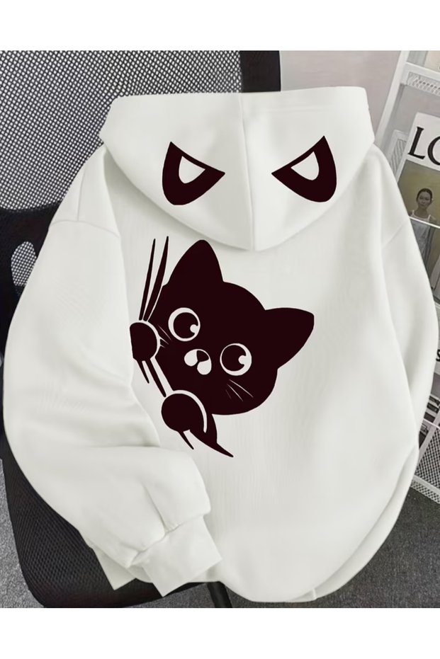 Kedi Baskılı Kapüşonlu Sweatshirt