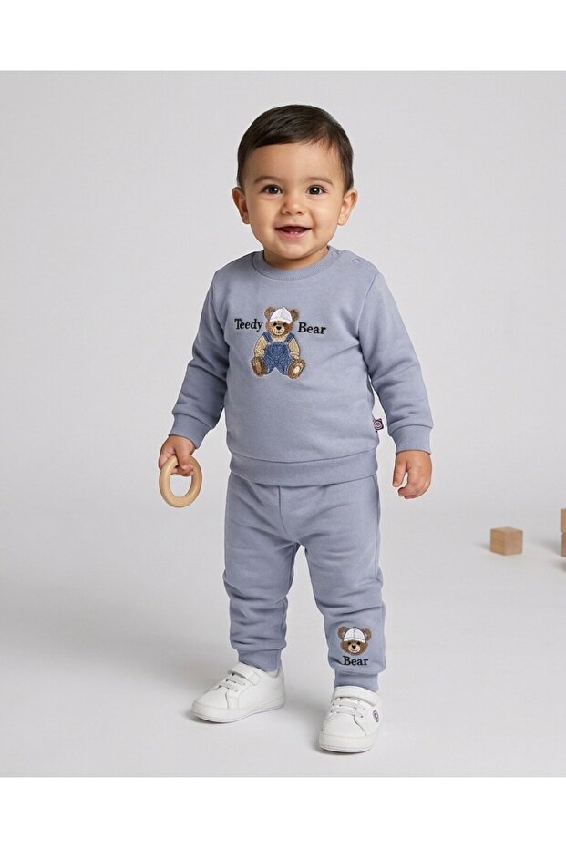 Baby Boy Winter 3 Thread Threaded Bear Bear Printed 6-9-12-18-24 Months 2-Piece Top and Bottom Set