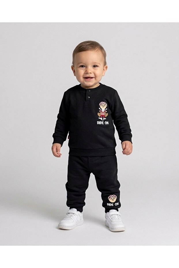 Baby Boy Winter 3 Thread Yarn Rastered Ride on Printed 6-9-12-18-24 Months 2-Piece Top and Bottom Set