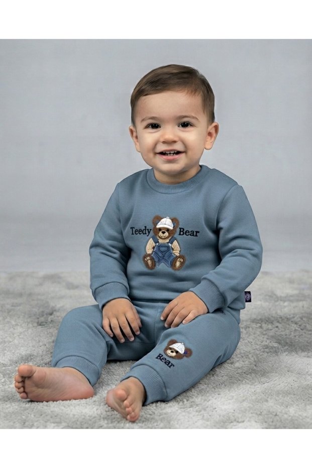 Baby Boy Winter 3 Thread Threaded Bear Bear Printed 6-9-12-18-24 Months 2-Piece Top and Bottom Set