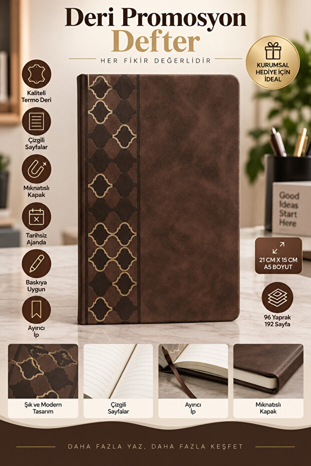 Premium Leather Promotional Notebook A5 – Magnetic Cover, Lined 192 Pages Undated Diary and Notepad 21X15 cm