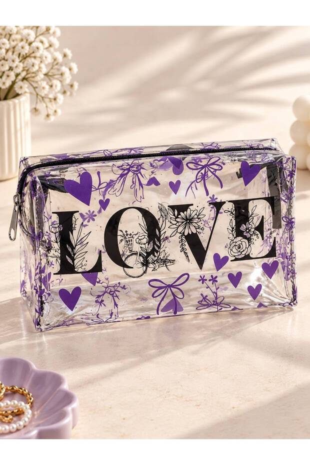 Purple Patterned Transparent Makeup Bag
