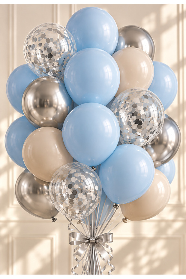 Blue Silver Balloon Set 20Pcs Baby Shower Birthday Balloon Decoration Set Macaron Blue Chrome Silver Silver Confetti Party Balloons
