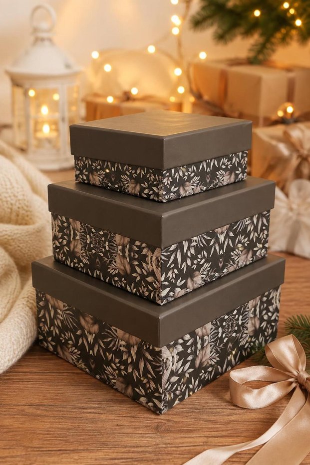 Vintage Leaf Patterned 3-Piece Gift Box Set Decorative Storage Box