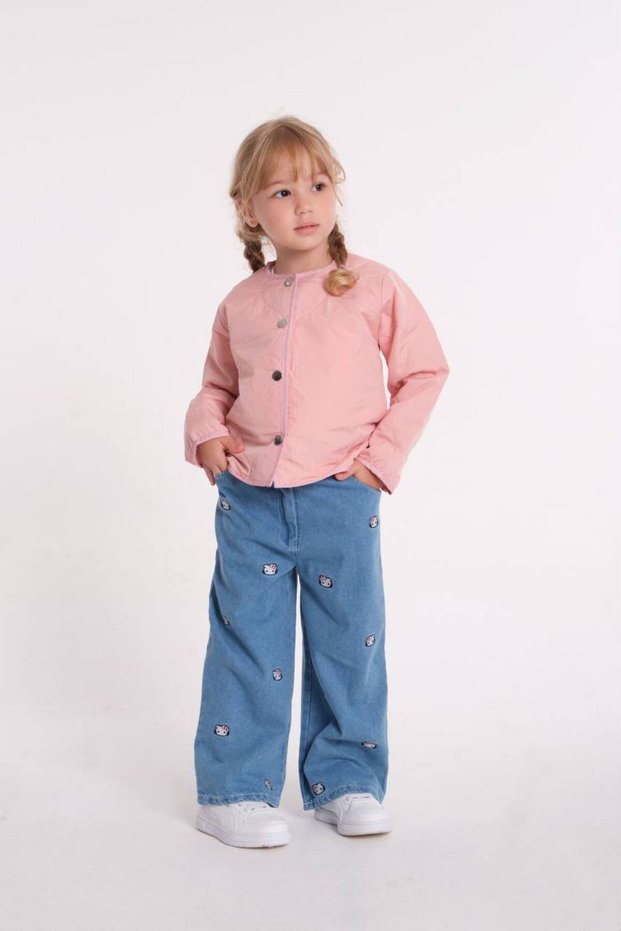 Girl's Heart Patterned Quilted Jacket & Embroidered Jeans Set