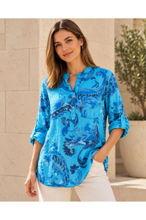 Original Italian Women's Cotton Patterned Front Button Detailed Shirt Blouse Relaxed Fit 42/ 46