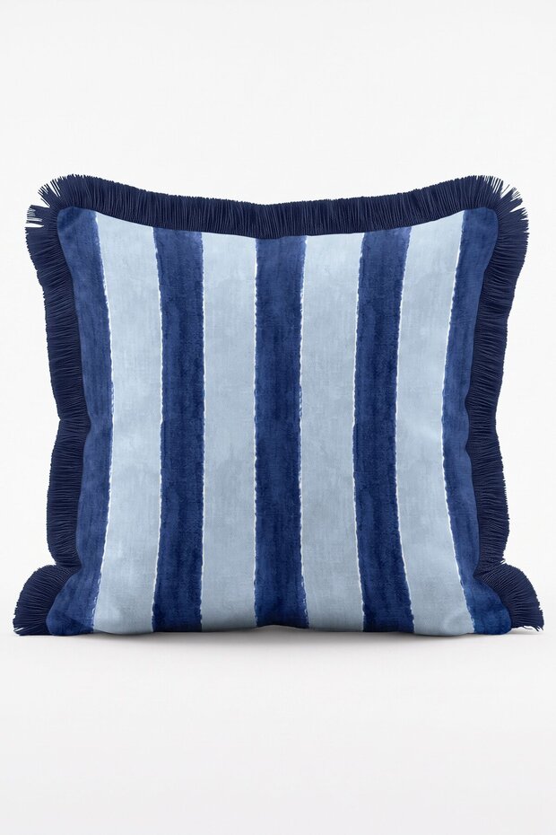 Portofino Stripe Navy Blue Light Blue Thick Striped Fringed Throw Pillow Cover