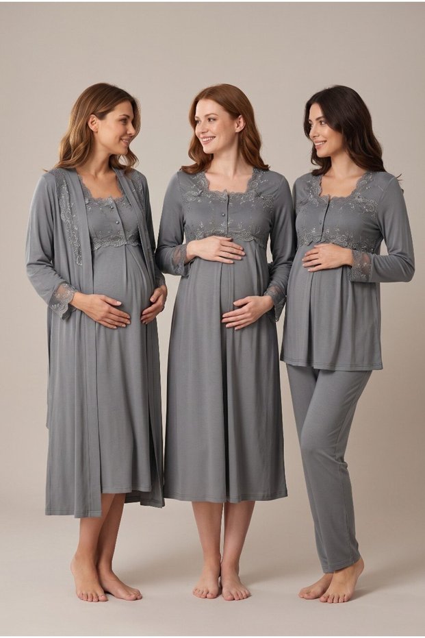 Women's Smoked Lace Long Sleeve Maternity Nightgown and Pajama Set with Easy Breastfeeding Feature
