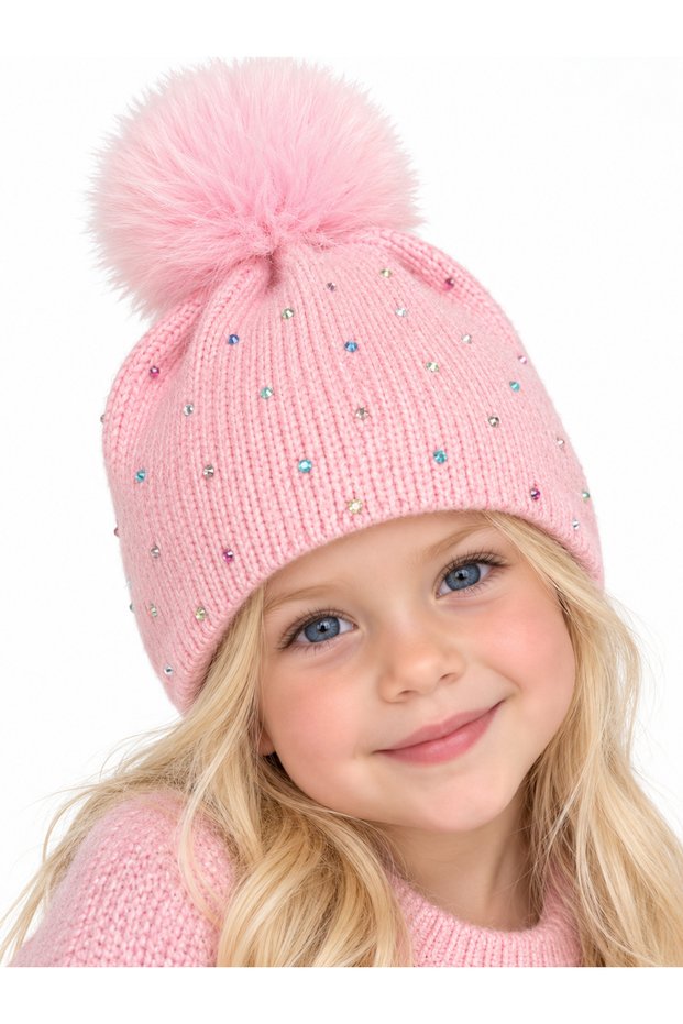 Girl's Pink Pompom Colorful Stone Detailed Knitwear Beanie | 3-6 Years Old