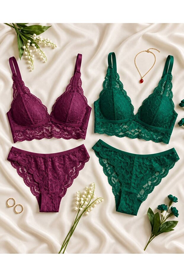 Women's Lace Bralet Bra Set – Without Underwire, Without Support, Plum-Emerald