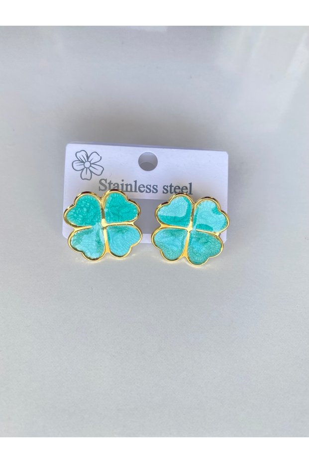 Steel Earrings - Four Leaf Clover Turquoise Color Steel Earrings