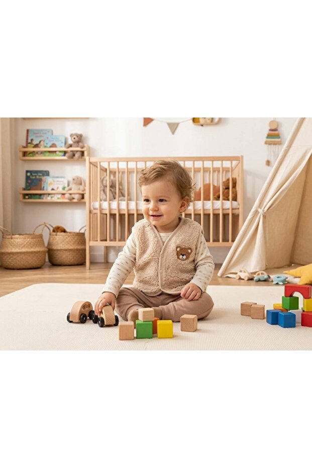 Baby Plush Vest with Punch Teddy Bear Embroidery - Beige Light Brown