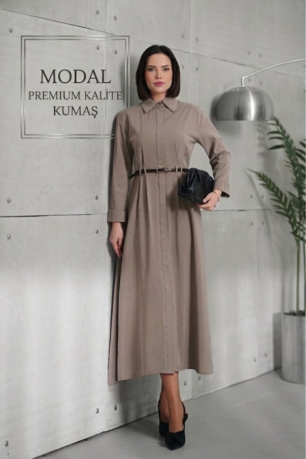 Women's Mink Shirt Collar Belted Modal Long Dress
