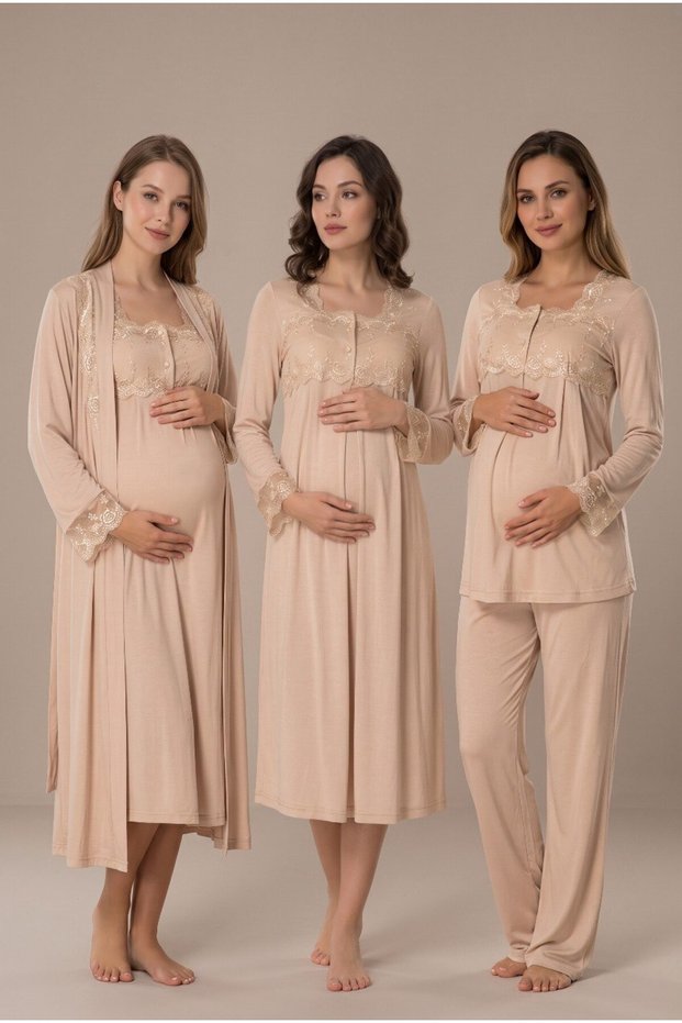 Women's Beige Lace Long Sleeve Maternity Nightgown Pajama Set with Easy Breastfeeding Feature