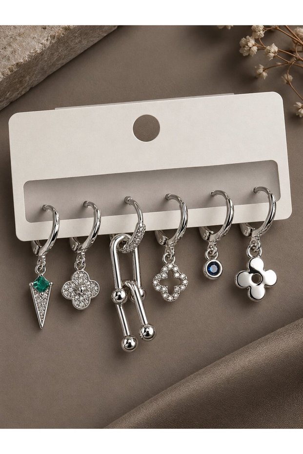 Brass Silver Color Zircon Stone Multiple Figure Women's Earring Set
