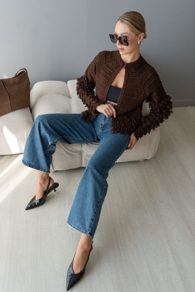 Tassel and Fringe Detailed Crew Neck Crop Knitwear Cardigan Aw26Hi0038