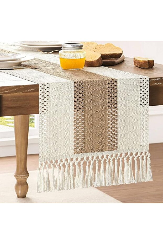 Boho Macrame Table Runner Farmhouse Woven Small Table Runner with Tassels Ivory& Burlap Brown Cotton