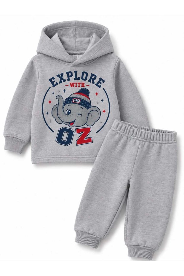 Hooded Elephant Printed Seasonal Girls and Boys Baby Kids Tracksuit Top and Bottom Set 1-4 Years