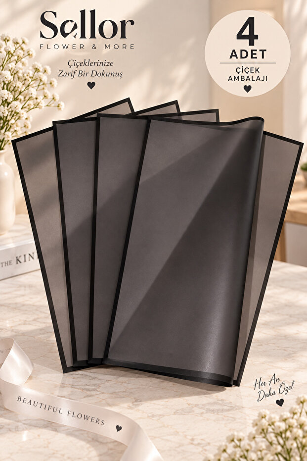 Black Edged Flower Bouquet Packaging 57X57 cm Set of 4 Matte Transparent Flower Wrapping Paper