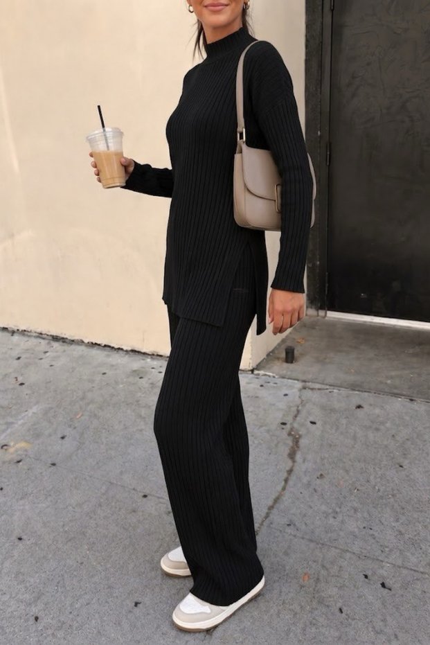 Women's High Collar Side Slit Blouse-Pants Set