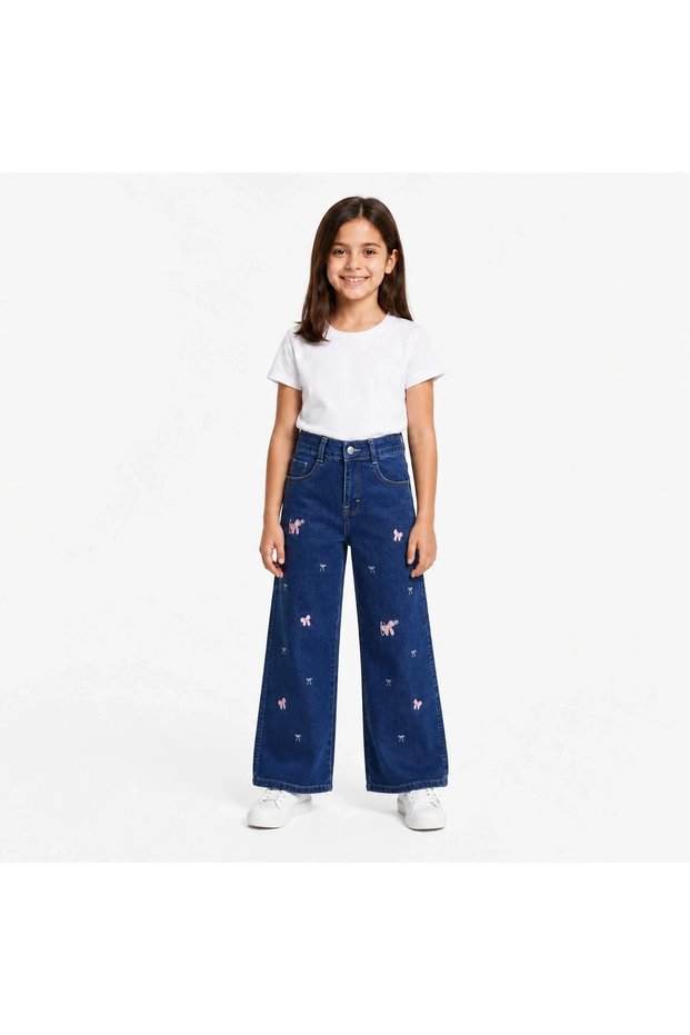 Girl's Bow Embroidered Palazzo Jeans – High Waist Wide Leg Jeans
