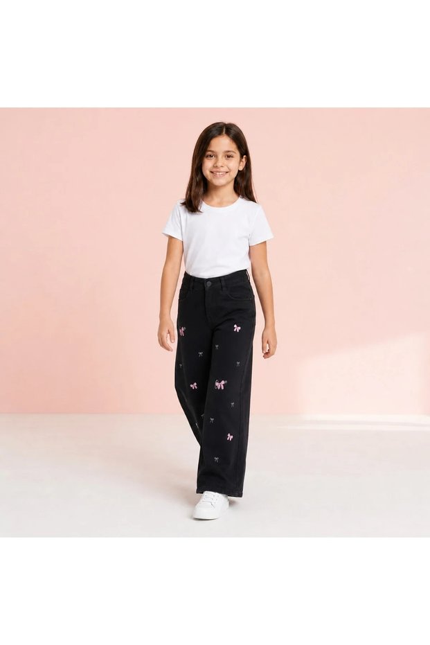 Girl's Bow Embroidered Palazzo Jeans – High Waist Wide Leg Jeans