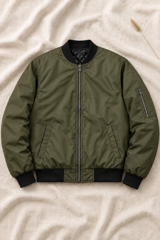 Quilted Lined Bomber Jacket with Zipper Pockets