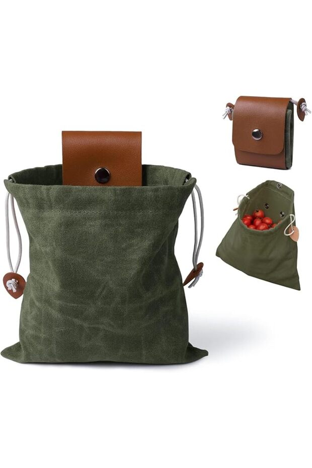 Foraging Bag Waxed Canvas Picking Pouch Foldable Belt Bag with Drawstring Outdoor Harvest for Campin
