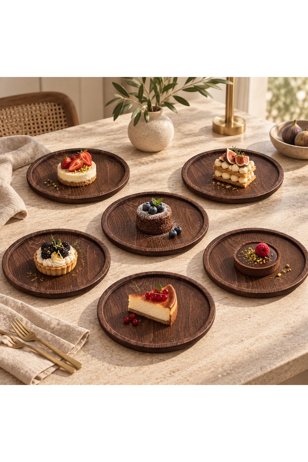6-Piece Wooden Breakfast and Cake Plate Set | Presentation, Dessert and Serving Plate