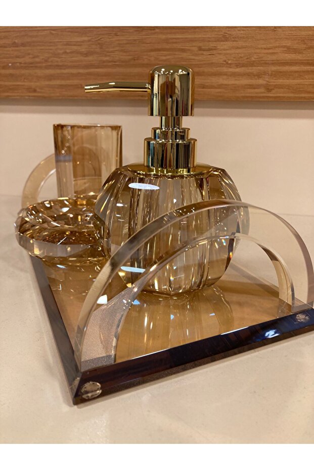 Bathroom Set Crystal Glass 4 Pieces Honey Color