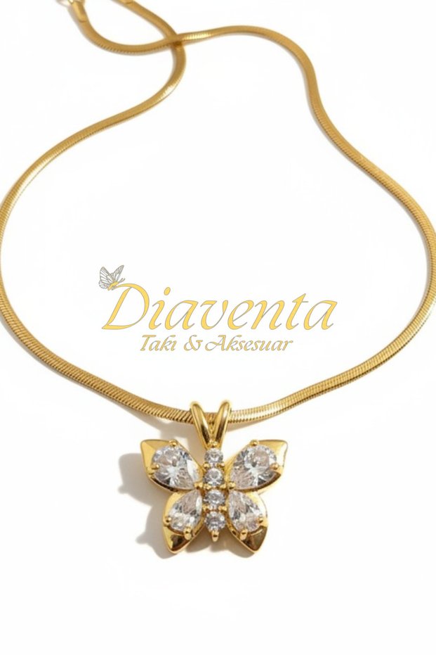 Diaventa Jewelry 316L Gold Steel Butterfly Baguette Stone Tarnish-Resistant Steel Necklace 42+5cm