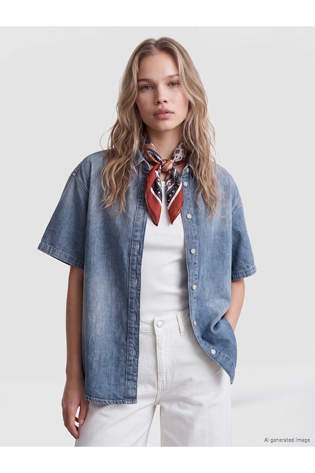 Ozmarka New Season Indigo Loose Fit Women's Jean Shirt