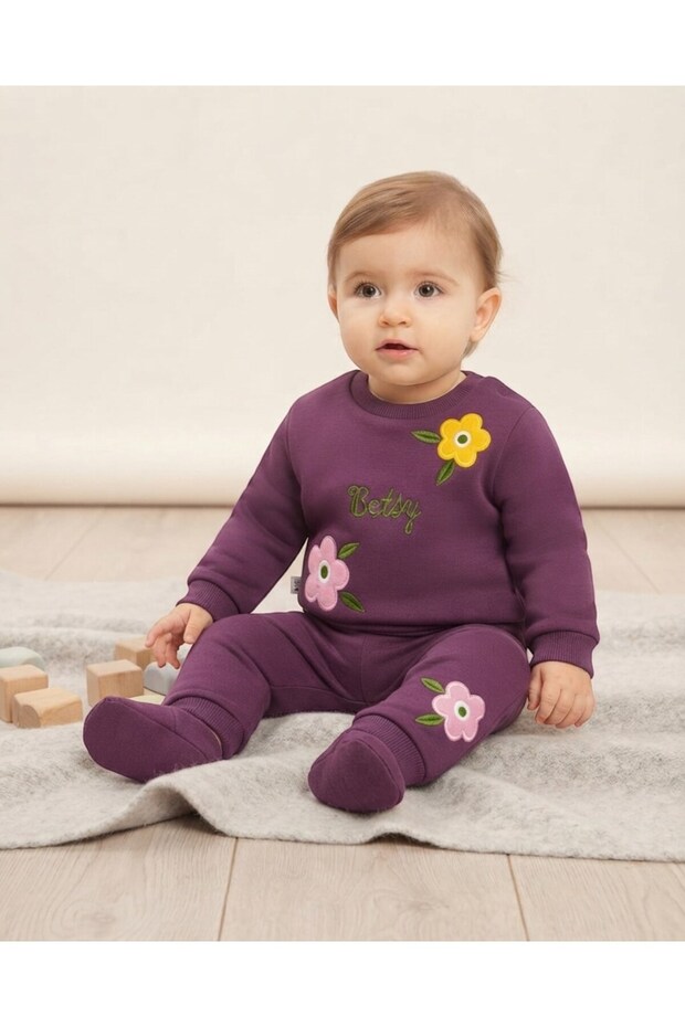Baby Girl Winter 3 Thread Threaded Floral Embroidered 6-9-12-18-24 Months 2-Piece Top and Bottom Set
