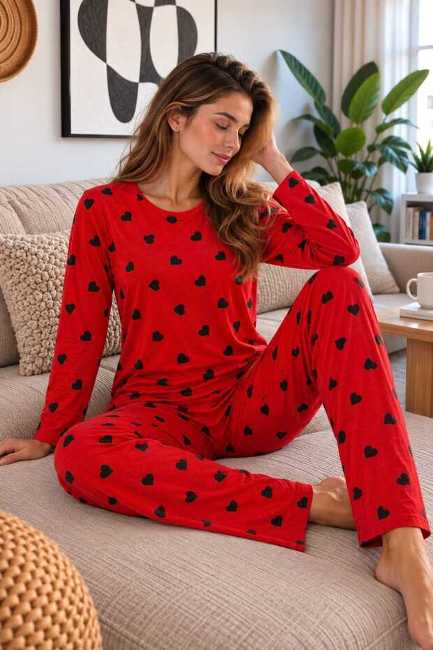 Women's Pajama Set with Snow and Heart Pattern in Suede