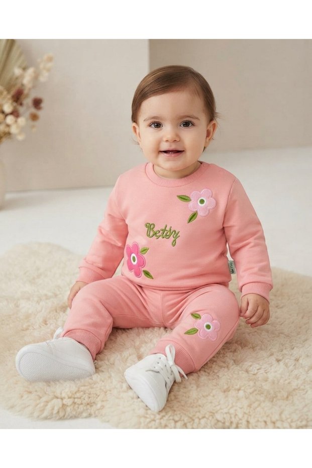 Baby Girl Winter 3 Thread Threaded Floral Embroidered 6-9-12-18-24 Months 2-Piece Top and Bottom Set