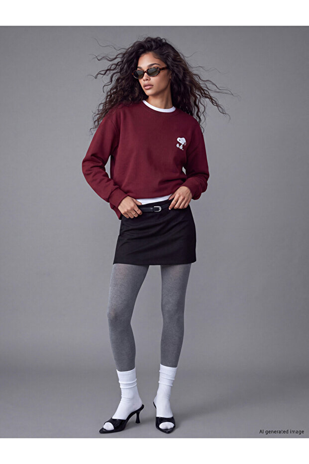 Xside Burgundy Snoopy Printed Oversize Women's Sweatshirt