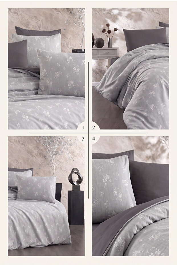Floral Patterned Elastic Sheet Double Duvet Cover Set Gray