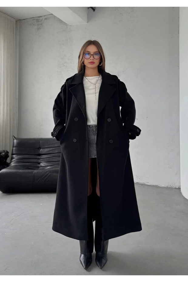 Buttoned Belted Lined Long Cashmere Coat