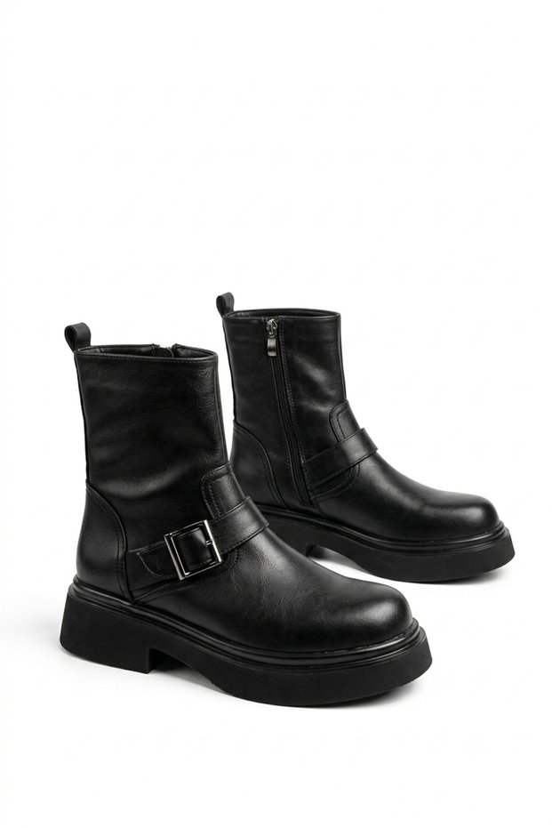 Women's Black Leather Buckle-Detail Thick-Sole Boots Un001-0810