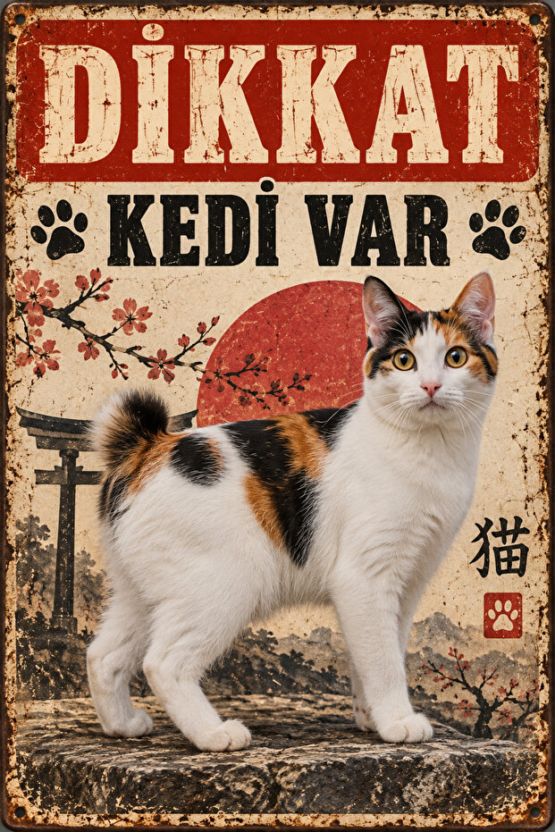 Japanese Bobtail Caution Cat Exists Retro Metal Wall Sign Decorative Plate 30X40Cm