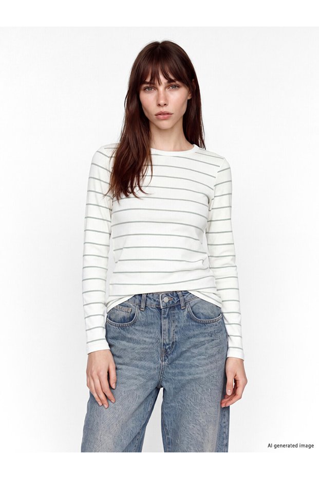 Lcw Everyday Khaki Crew Neck Striped Women's Bodysuit