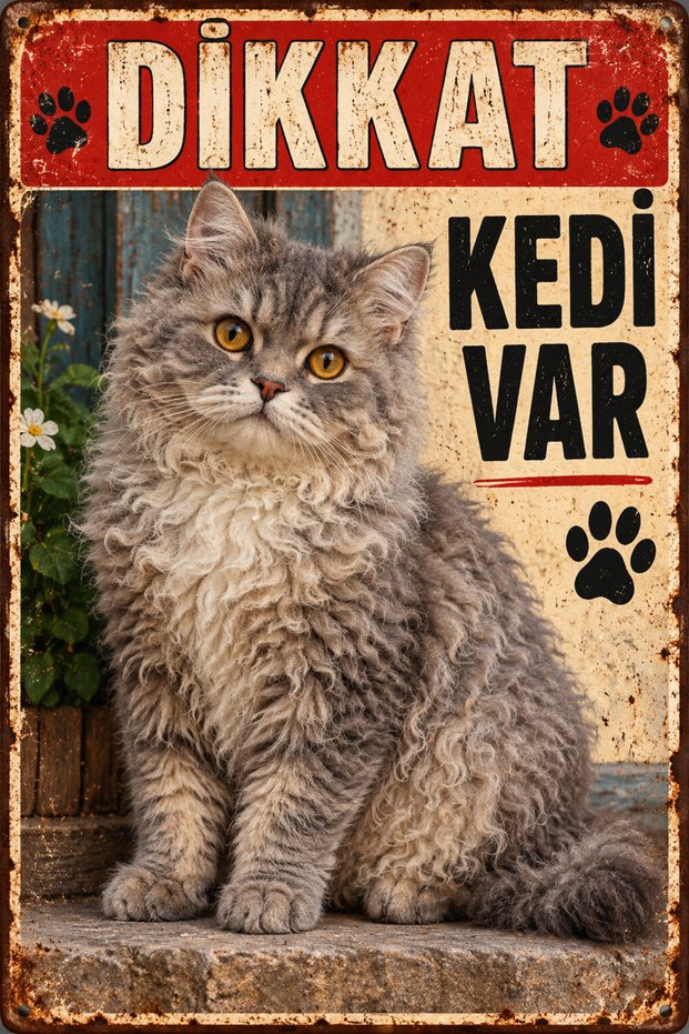 Selkirk Rex Caution There Is a Cat Retro Metal Wall Sign Decorative Cat Sign 20X30Cm