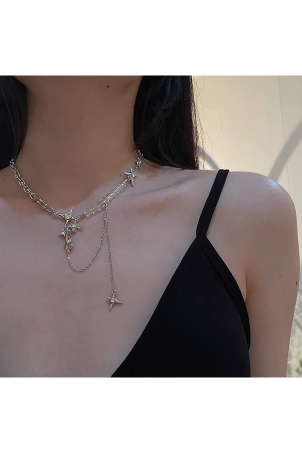 Xuping Asymmetric Star Figured Dangle Necklace – Silver Color Transparent Beaded Y2K Gothic Women's Necklace