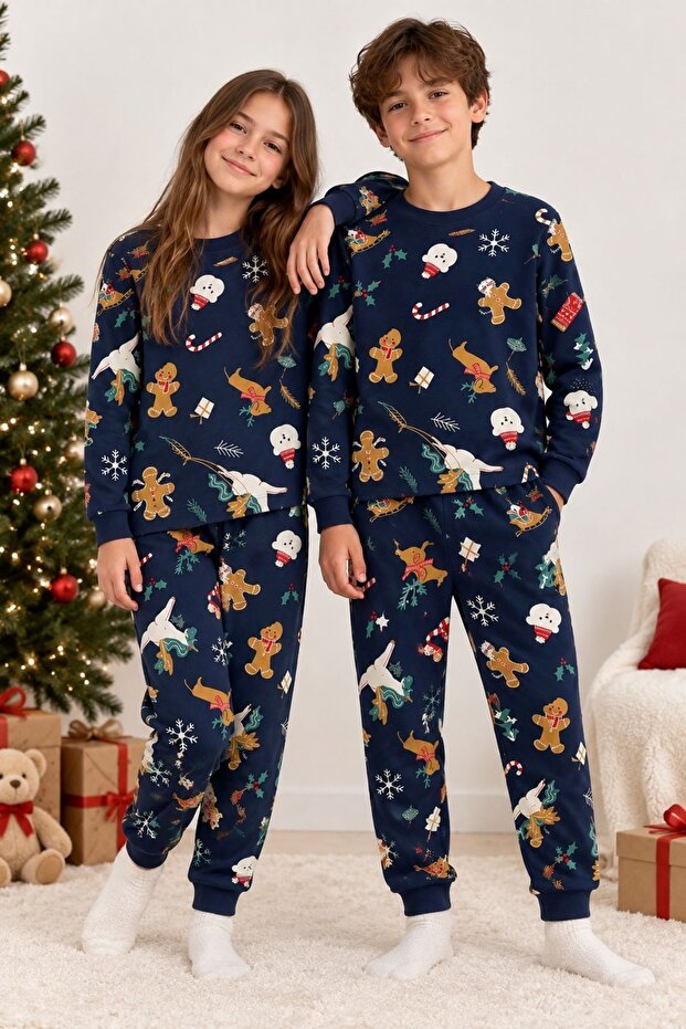 Unisex Children's Christmas Cookie Patterned Navy Blue Pajama Set