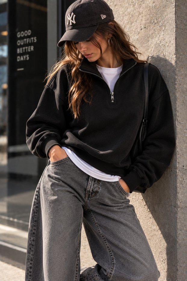 Women's Oversize Sweatshirt with Half Zipper, High Collar, Comfortable Fit, Casual Sweatshirt - Black
