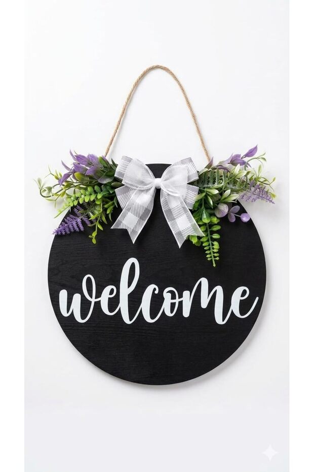Round Wooden Welcome Sign for Front Door - Black Farmhouse Door Hanging Wreath with Faux Lavender & Bow