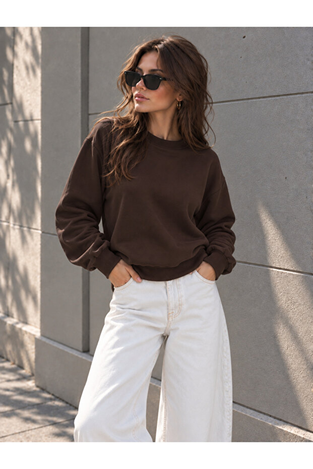 Women's Brown Sweat Modal Fabric Oversize Basic Crew Neck Sweatshirt
