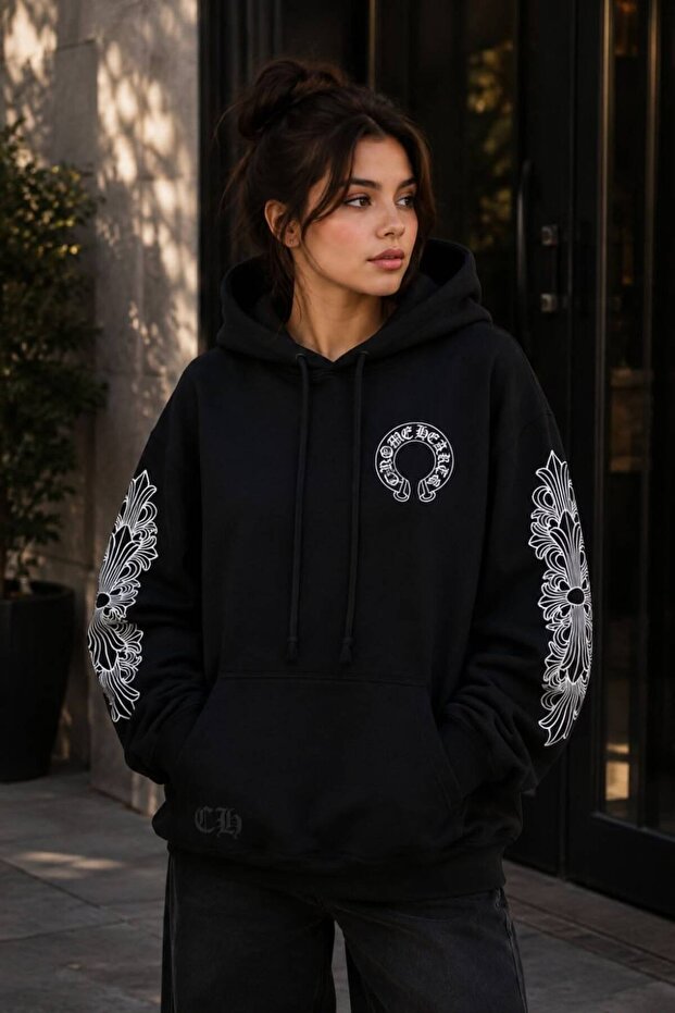 Black Unisex Oversize 3 Thread Raster Printed Hooded Sweatshirt with Kangaroo Pocket