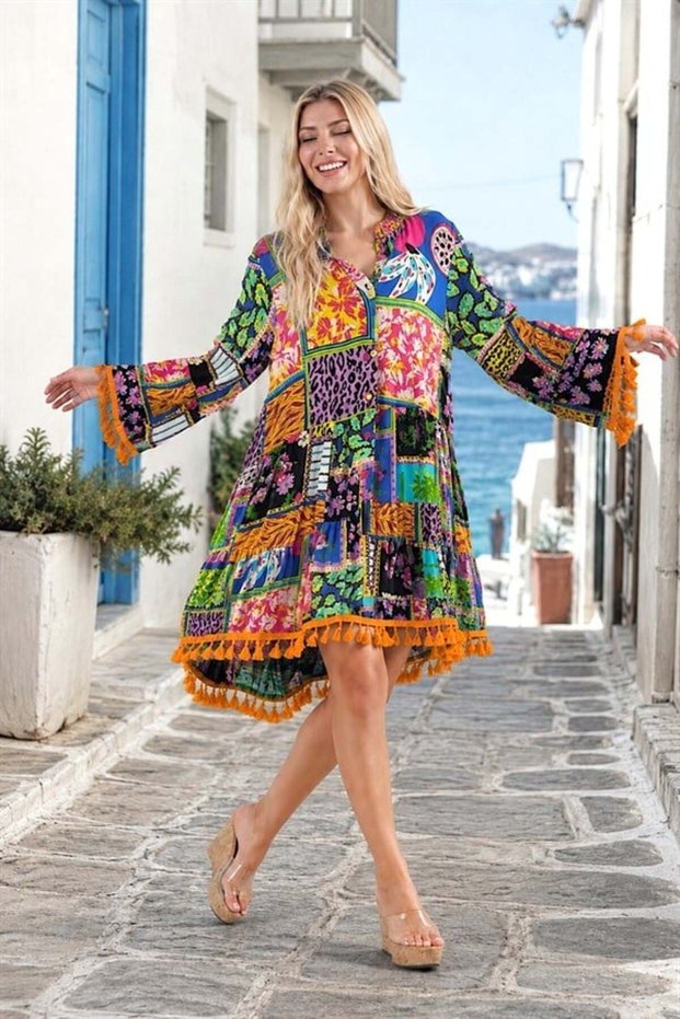 Blue Patterned Spanish Sleeve Dress